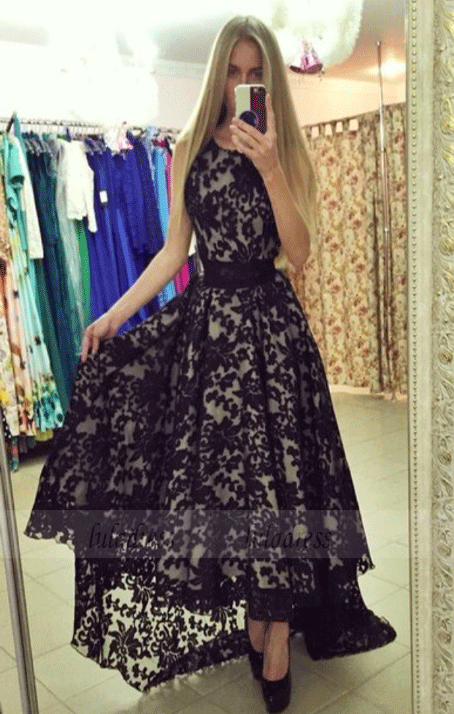 High Low Lace Prom Dress,Black Prom Dresses