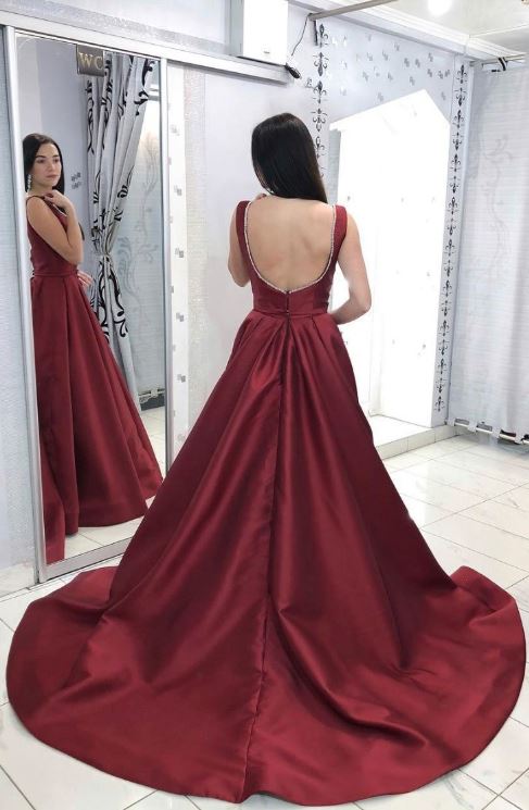 Burgundy V Neck Satin Long Prom Dress,Burgundy Satin Evening Dress