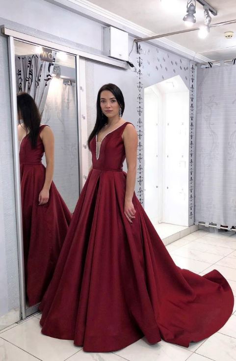 Burgundy V Neck Satin Long Prom Dress,Burgundy Satin Evening Dress