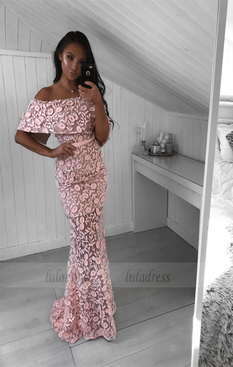 Mermaid Off-the-Shoulder Sweep Train Pink Lace Prom Dress with Ruffles