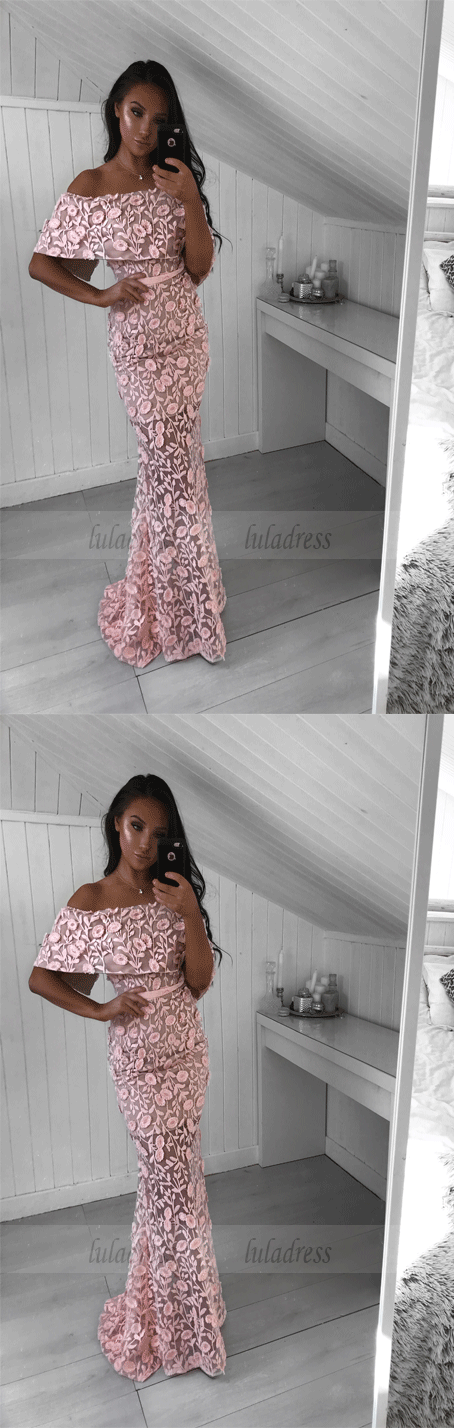 Mermaid Off-the-Shoulder Sweep Train Pink Lace Prom Dress with Ruffles,BW97049