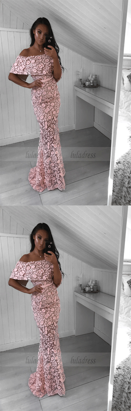 Mermaid Off-the-Shoulder Sweep Train Pink Lace Prom Dress with Ruffles,BW97049