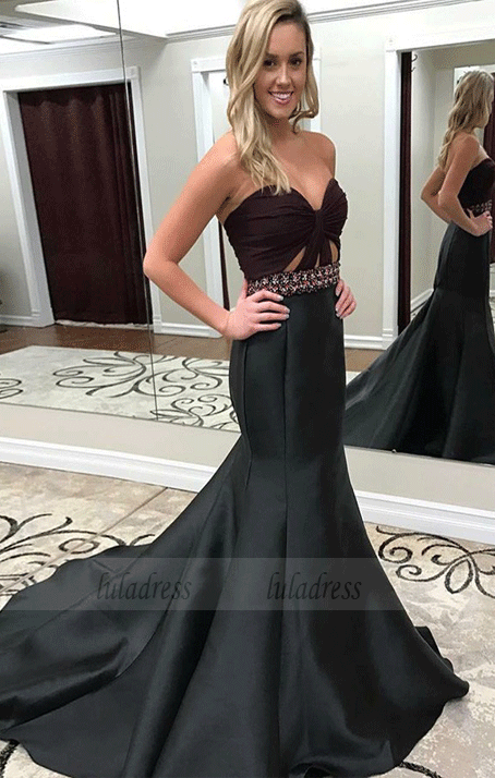 Mermaid Sweetheart Sweep Train Black Prom Dress with Beading