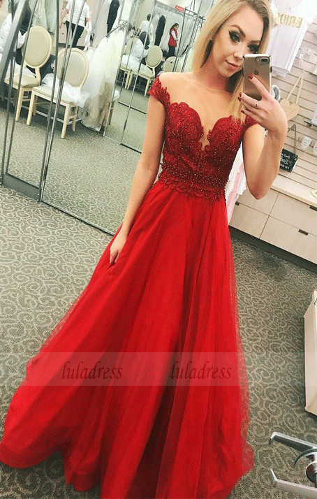 A-Line Off-the-Shoulder Floor-Length Red Prom Dress with Appliques Beading