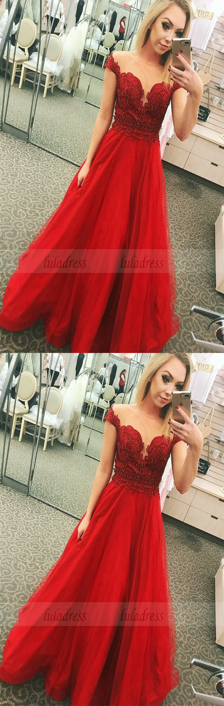 A-Line Off-the-Shoulder Floor-Length Red Prom Dress with Appliques Beading