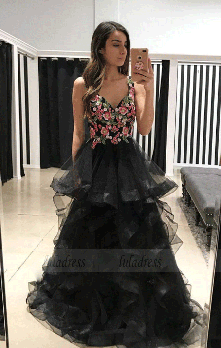 Black Tulle Lace Applique Long Prom Dresses