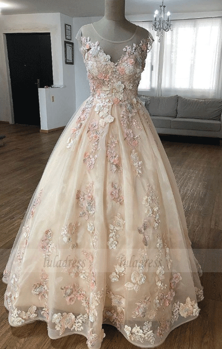 Lace Applique Tulle Long Prom Dress