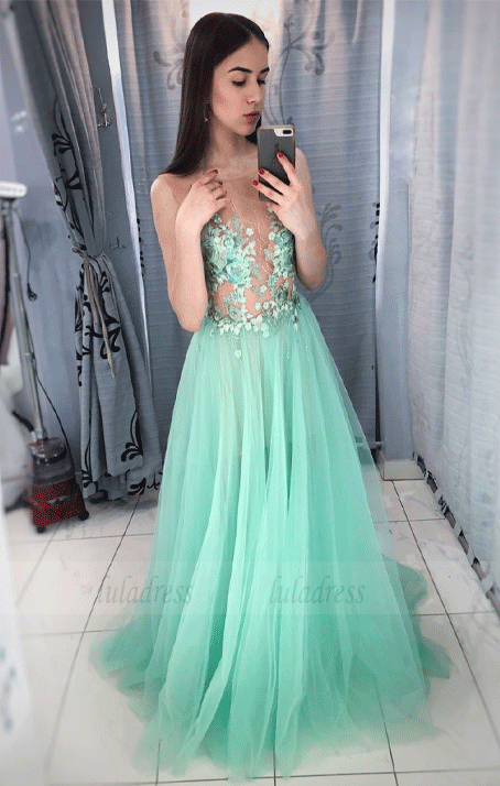 Round Neck Tulle Lace Applique Long Prom Dress,Tulle Evening Dress