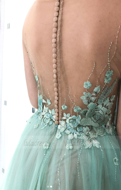 Round Neck Tulle Lace Applique Long Prom Dress,Tulle Evening Dress