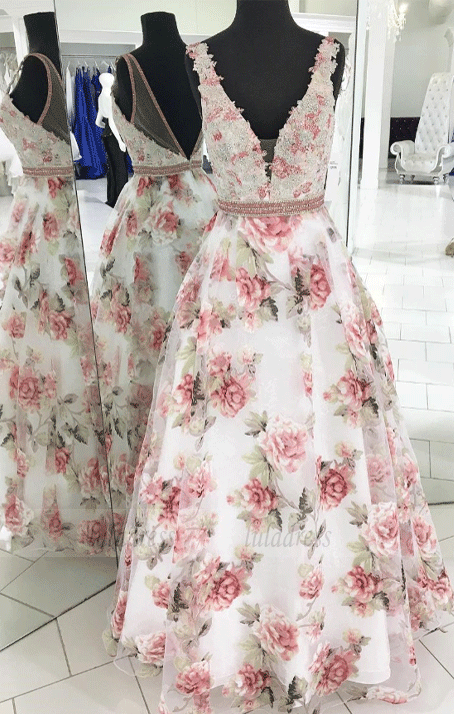 Floral Print Prom Dresses V-neck A Line Floor-length Long Prom Dress