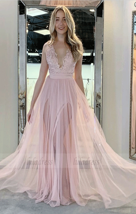 A-Line V-Neck Sweep Train Pink Tulle Prom Dresses with Applique