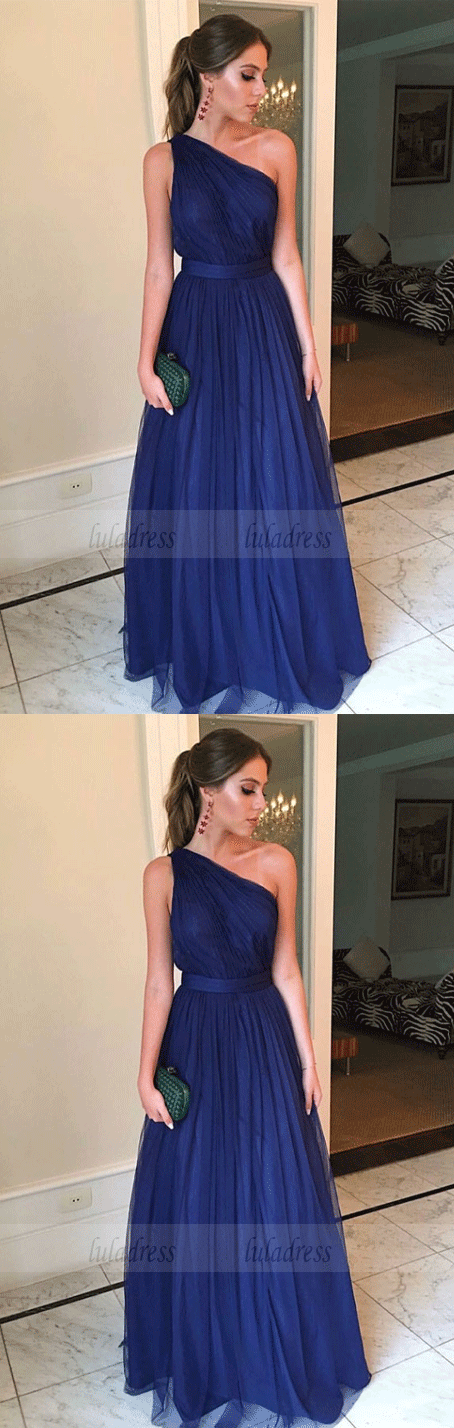 A-Line One-Shoulder Floor Length Blue Tulle Evening Prom Dresses