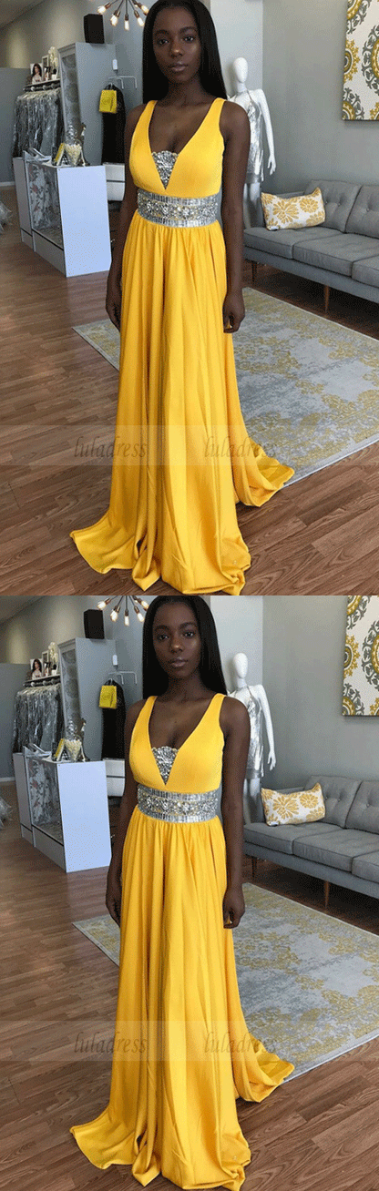A-Line Scoop Sweep Train Yellow Satin Prom Dress with Beading,BW97239