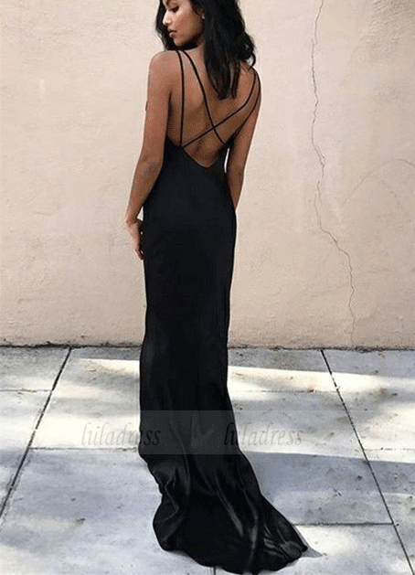 V Neck Cross Back Black Long Prom Dresses, Formal Evening Dresses