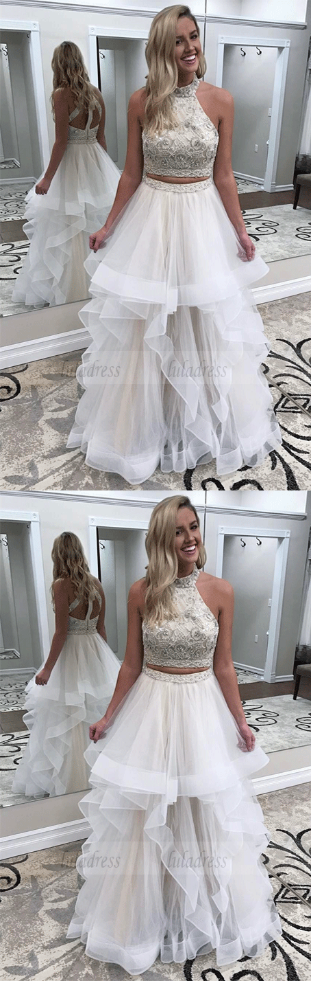 Two Piece Beads White Long Prom Dress