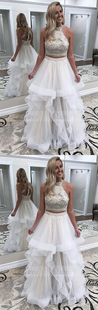 Two Piece Beads White Long Prom Dress