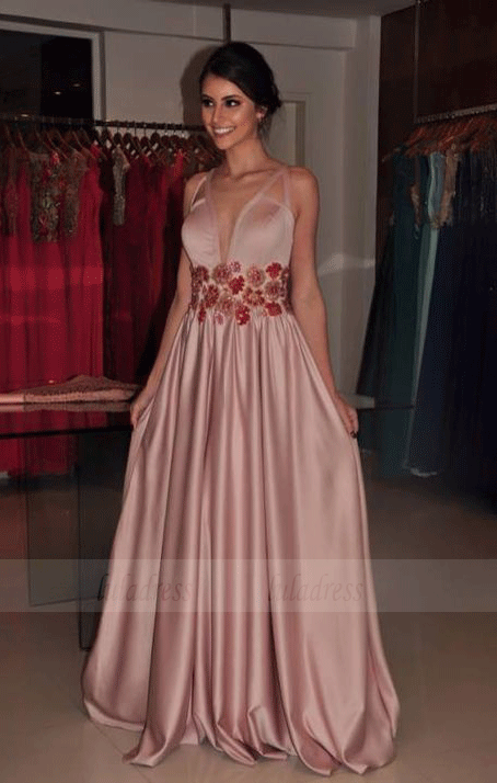 V Neck Appliqued Long Prom Dress