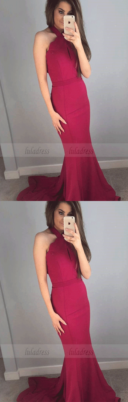 Halter Mermaid Long Red Evening Dress with Key Hole