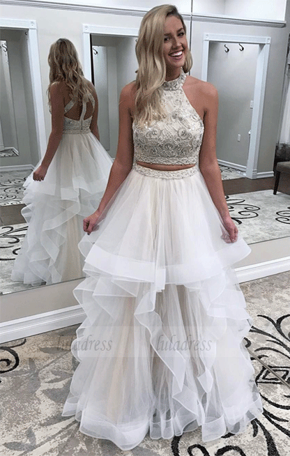 Two Piece Beads White Long Prom Dress