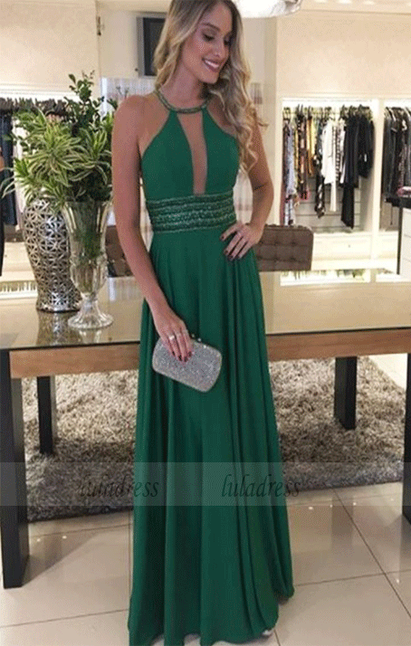 A Line Halter Cross Back Long Prom Dresses with Beading