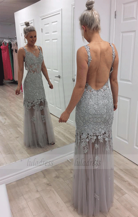 Backless Prom Dresses, Lace Tulle Prom Dresses