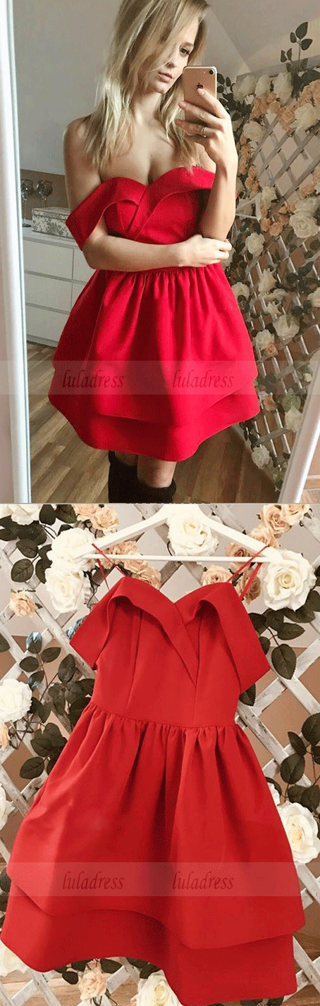 A-Line Off-the-Shoulder Above-Knee Red Satin Tiered Homecoming Dress,BW97074