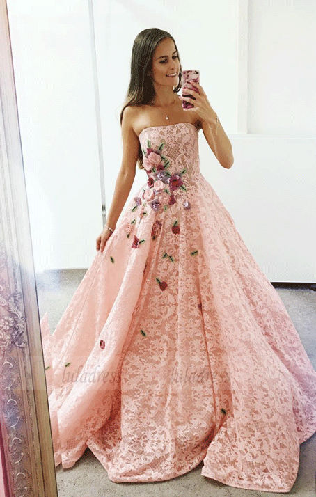 Lace Flower Appliques Long Prom Formal Dress