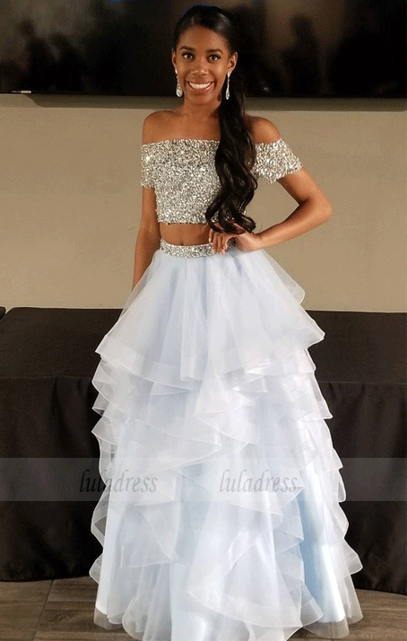 Sparkly Sequins Off the Shoulder Sky Blue Long Prom Dress