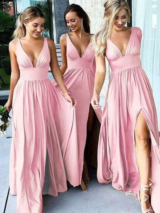 Backless Beach V-Neck Long Gold Bridesmaid Dresses Slit Side,BD930628