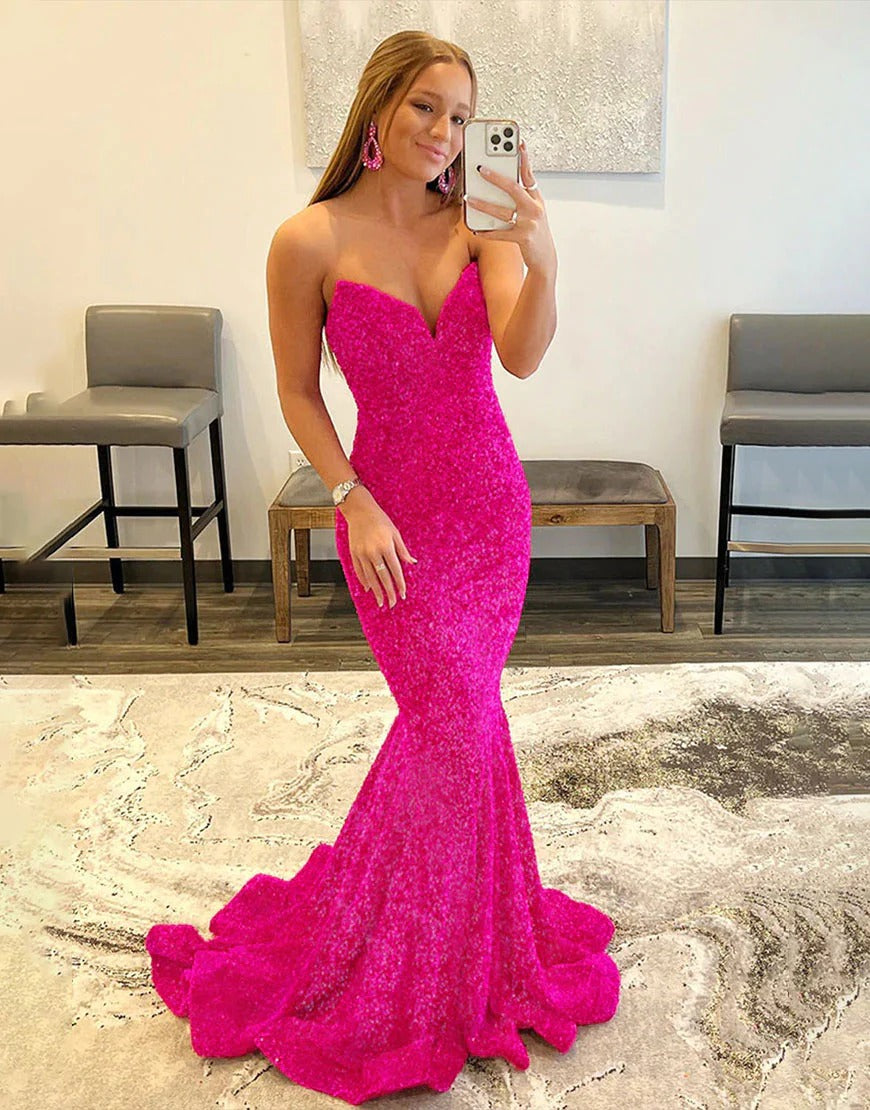 Pink Sweetheart Sweep Sequin Train Mermaid Tight Prom Dresses