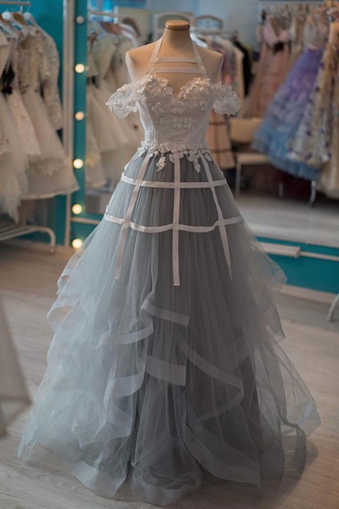 Unique Gray Tulle Lace Applique Long Prom Dress, Tulle  Evening Dress,BD98026