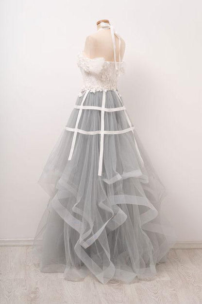 Unique Gray Tulle Lace Applique Long Prom Dress, Tulle  Evening Dress,BD98026