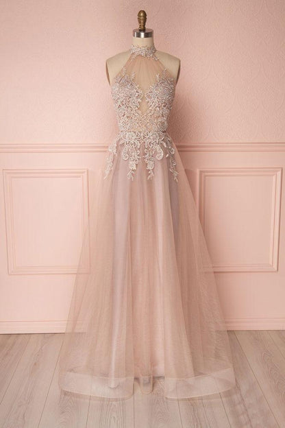 Unique V-neck Tulle Lace Applique Long Prom Dress, Tulle  Evening Dress