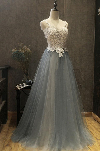 Gray Sweetheart Lace Tulle  Long Prom Dress, Tulle  Evening Dress,BD98028