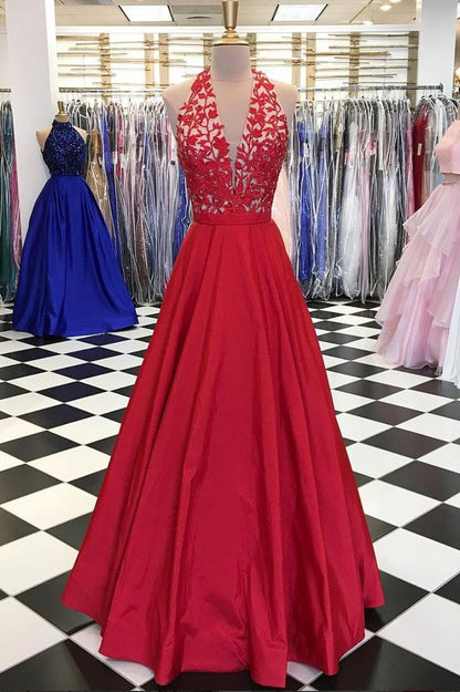 Red V-neck Tulle Lace Applique Long Prom Dress, Red  Evening Dress