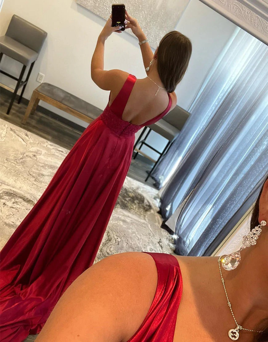 Previous product Next product Deep V-neck Long Dark Red Prom Dresses