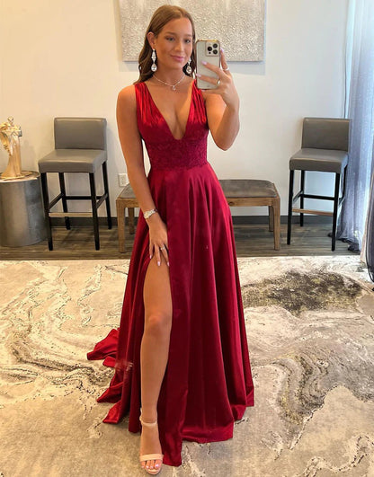 Previous product Next product Deep V-neck Long Dark Red Prom Dresses