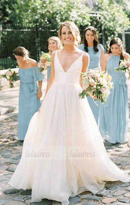 Charming A Line V Neck Backless Chiffon Wedding Dresses