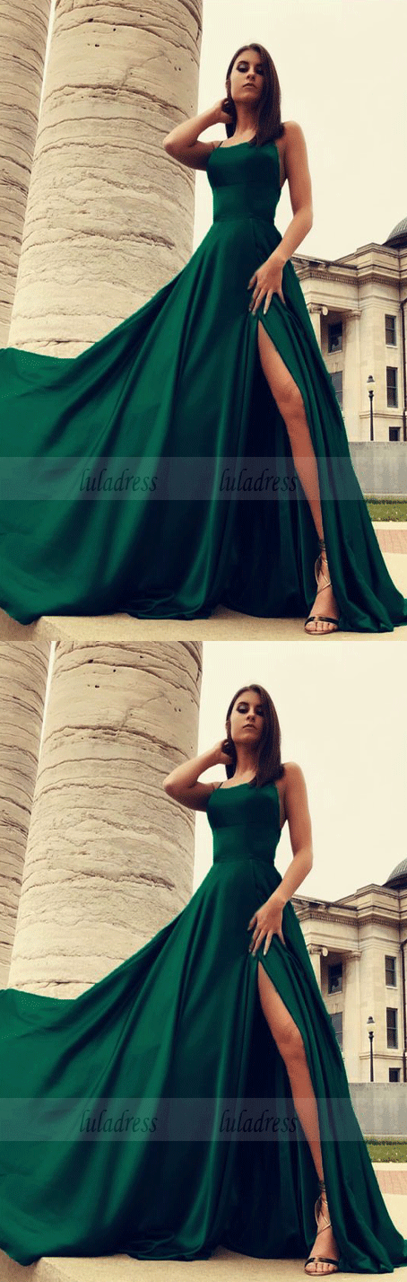 Long Green Satin Open Back Prom Dresses Leg Slit Evening Gowns